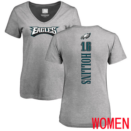 Women Philadelphia Eagles #16 Mack Hollins Ash Backer V-Neck NFL T Shirt